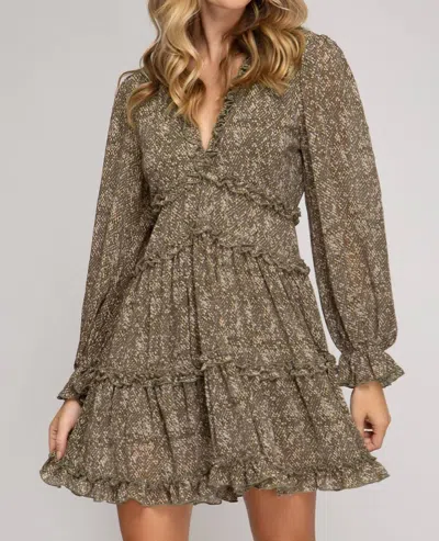 Shop She + Sky Long Sleeve Ruffle Dress In Olive In Brown
