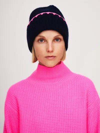 Shop White + Warren Cashmere Crochet Trim Luxe Ribbed Beanie In Navy/ Pink