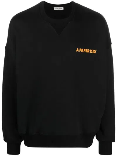 A Paper Kid Brushed Cotton Crew-neck Sweatshirt With Printed Logo In Black
