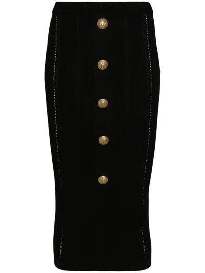 Shop Balmain Buttoned Knitted Midi Pencil Skirt In Black