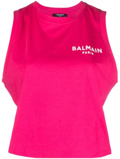 Shop Balmain Flocked Tank Top Clothing In Pink & Purple