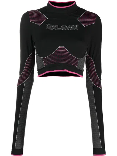 Balmain Multicolor Stretch Nylon Top In Black
