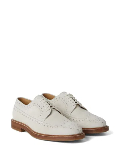 Brunello Cucinelli Perforated-embellished Suede Derby Shoes In White