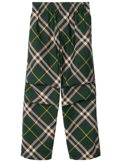 Burberry Men's Check Pattern Trousers With Elastic Waist And Drawstring In Green