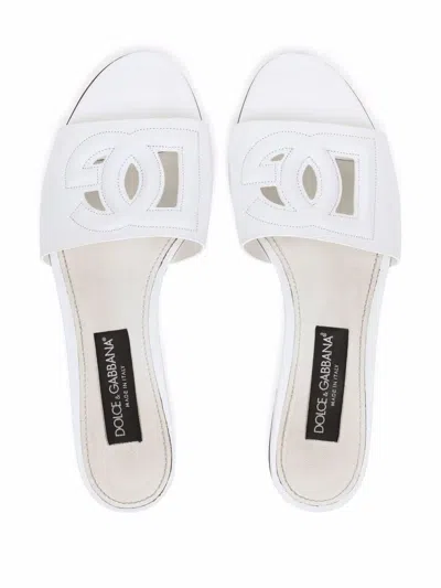 Shop Dolce & Gabbana Dg Logo Leather Slides In White