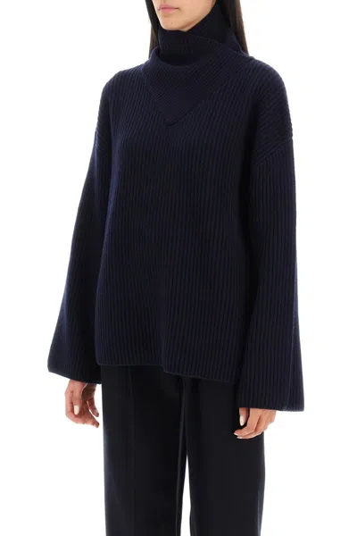 Shop Totême Toteme Sweater With Wrapped Funnel Neck In Blue