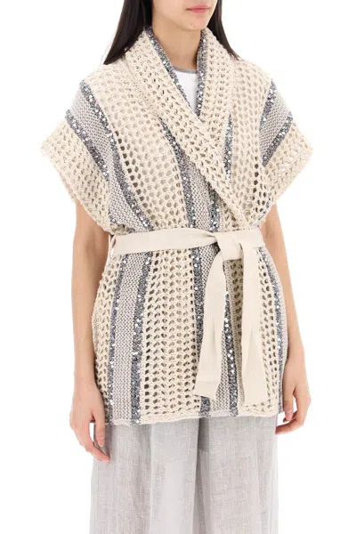 Shop Brunello Cucinelli "dazzling Stripe Cardigan With Women In Cream