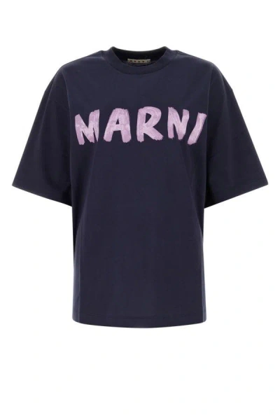 Shop Marni Woman Midnight Blue Cotton T-shirt