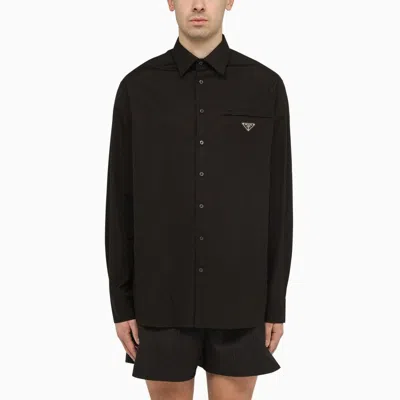 Shop Prada Black Cotton Shirt With Logo Men In Brown