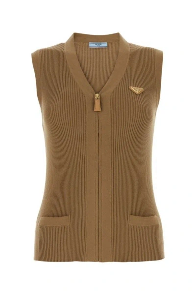 Shop Prada Woman Camel Cotton Vest In Brown