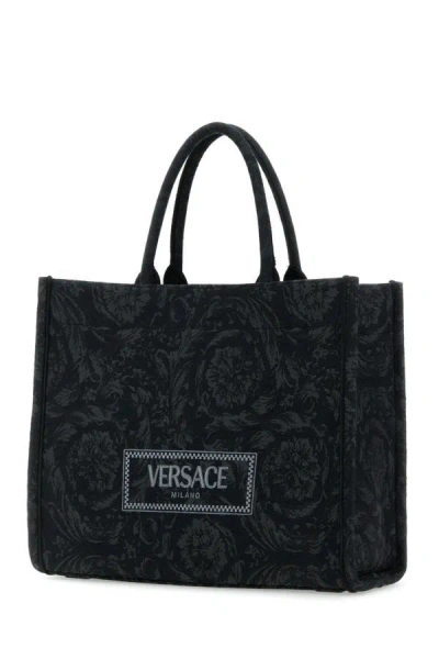 Shop Versace Woman Embroidered Canvas Athena Barocco Shopping Bag In Black
