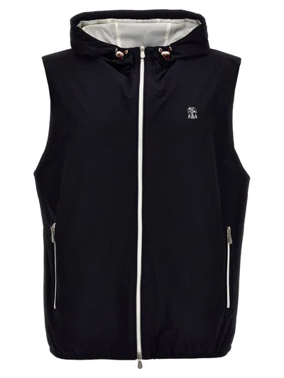 Shop Brunello Cucinelli Logo Embroidery Hooded Vest In Blue