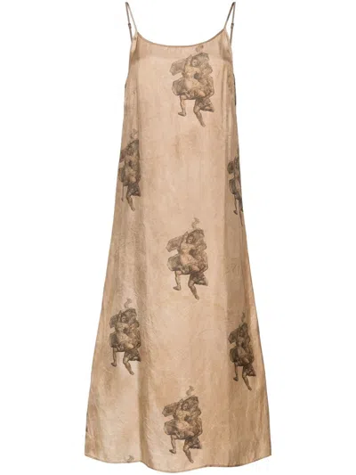 Shop Uma Wang Midi Dress With Renaissance Print In Nude & Neutrals