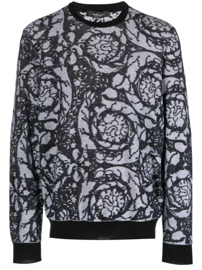 Versace Barocco Jacquard Wool Sweater In Black