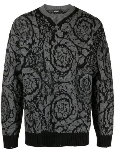 Versace Virgin Wool Crew Neck Pullover With Barocco Pattern In Black