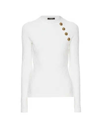 Shop Balmain Button Detailed Diamond Knit Top In White