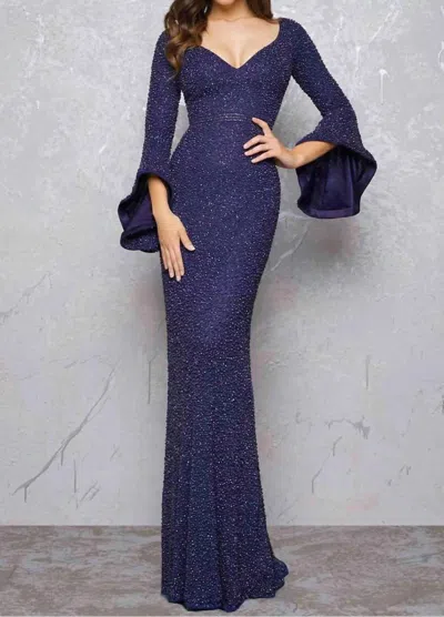 Shop Mac Duggal Beaded Long Sleeve Gown In Midnight Blue