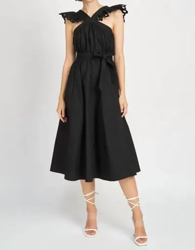 En Saison Blakely Ruffle Eyelet Belted Midi Dress In Black In Black