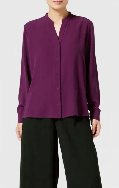 Shop Eileen Fisher Mandarin Collar Silk Shirt In Sweet Plum In Multi