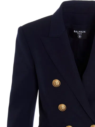 Shop Balmain Double Breast Blazer Jacket With Logo Buttons In Blue