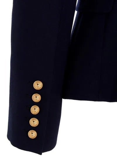 Shop Balmain Double Breast Blazer Jacket With Logo Buttons In Blue