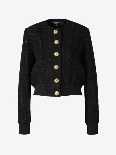 Shop Balmain Tweed Bomber Jacket In Bomber Style