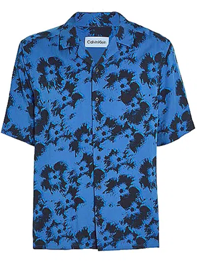 Shop Calvin Klein Viscose Flower Aop S/s Shirt Clothing In Blue