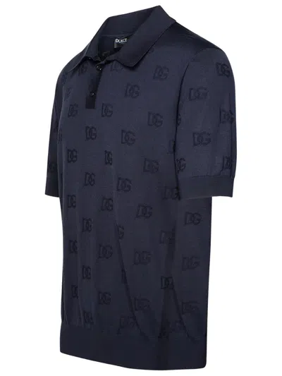 Shop Dolce & Gabbana Navy Silk Polo Shirt