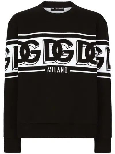 Dolce & Gabbana Black Crewneck Sweater With Dg Motif In Wool Blend Man In Black