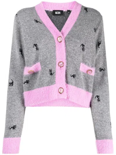 Gcds Kittho Cardigan In Gray And Pink Wool Blend In Grey