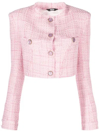 Shop Gcds Tweed Cropped Jacket Clothing In Pink & Purple