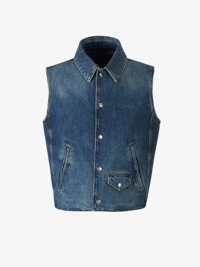 Shop Givenchy Cotton Denim Vest In Embroidered Logo On The Front