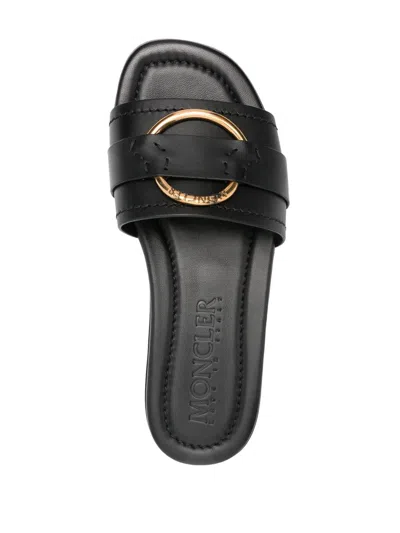 Moncler Black Leather Bell Slippers In Black