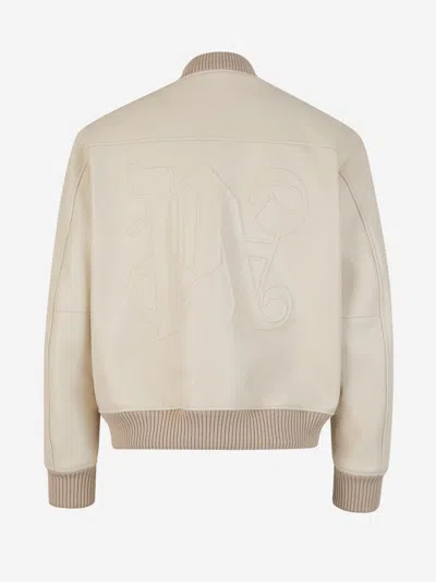 Shop Palm Angels Leather Bomber Jacket In Cream