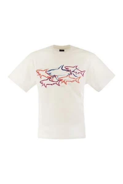 Shop Paul & Shark Cotton T-shirt With Shark Print In White