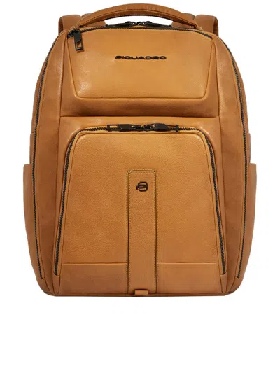 Shop Piquadro 15.5" Leather Laptop Backpack Bags In Yellow & Orange