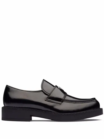 Shop Prada Chocolate Brushed Leather Loafers Shoes In Black