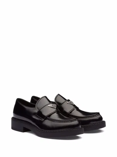 Shop Prada Chocolate Brushed Leather Loafers Shoes In Black