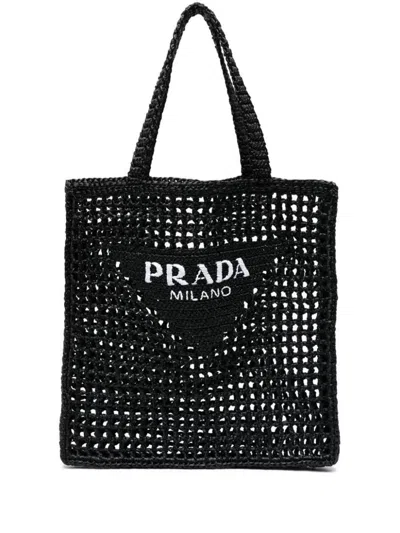 Shop Prada Crochet Shopping Bags In Black