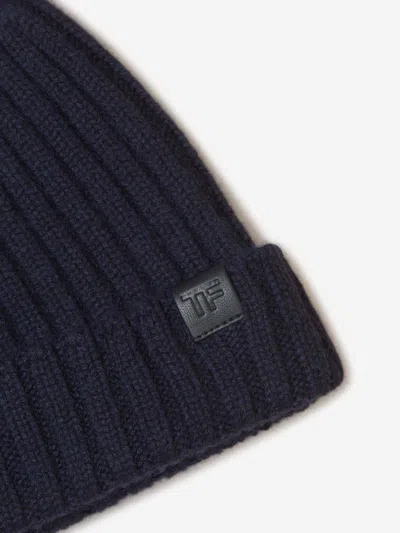 Shop Tom Ford Cashmere Ribbed Beanie In Leather Logo Label On The Front
