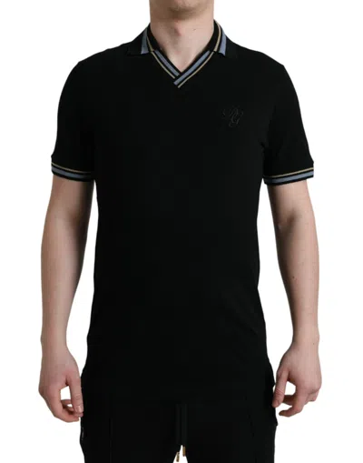 Shop Dolce & Gabbana Black Cotton Collared V-neck Polo T-shirt