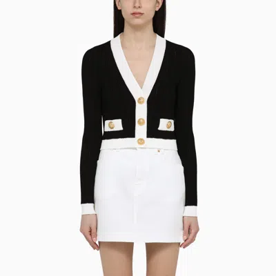 Shop Balmain | Black/white Cardigan With Gold Buttons
