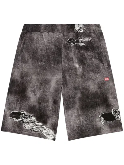 Shop Diesel P-ston-jersey Shorts With Denim Print In Black