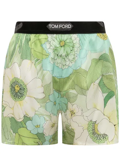 Shop Tom Ford Shorts With Floral Decoration In Aqua Pale Green