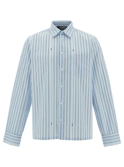 Shop Jacquemus 'la Chemise De Costume' Light Blue Striped Shirt With Logo In Cotton Man In Blue/white