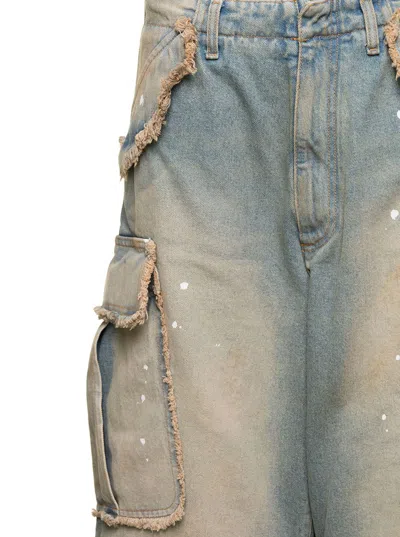 Shop Darkpark 'vivi' Light Blue Cargo Jeans With Bleached Effect And Paint Stains In Cotton Denim Woman In Dirty Vintage