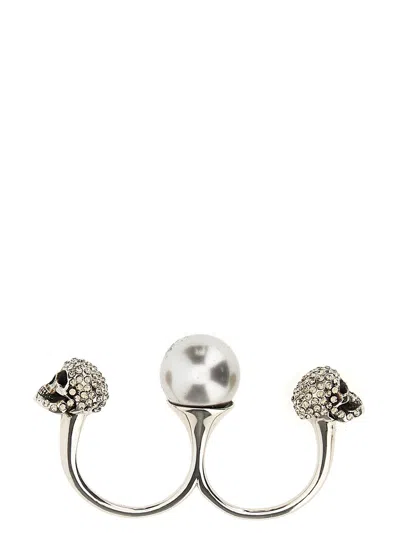 Shop Alexander Mcqueen Pearl And Brass Skull Double Ring In Silver