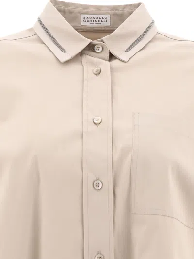 Shop Brunello Cucinelli Poplin Shirt With Shiny Collar Trim In Beige