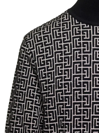 Shop Balmain Black And White Sweater With 'all-over' Monogram In Wool And Linen Man