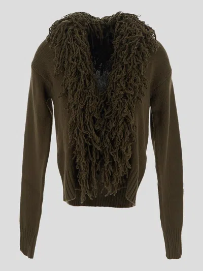 Blumarine Fringed Wool Cardigan In Darkolive